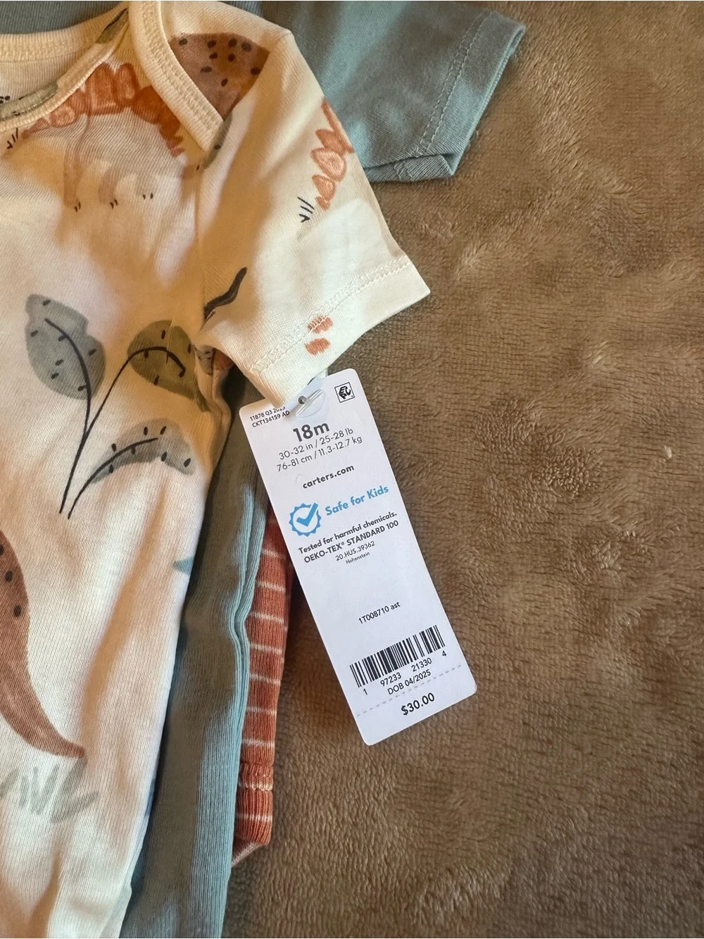 Carter's Baby Dinosaur Print Short Sleeve One-Piece Bodysuit - Cream & Blue Set